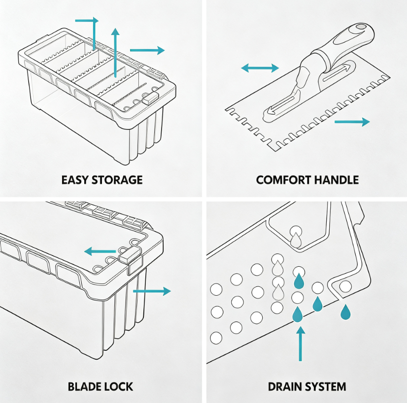 The Ultimate Notched Trowel Set – 6 Interchangeable Blades for Flawless Tile Installation