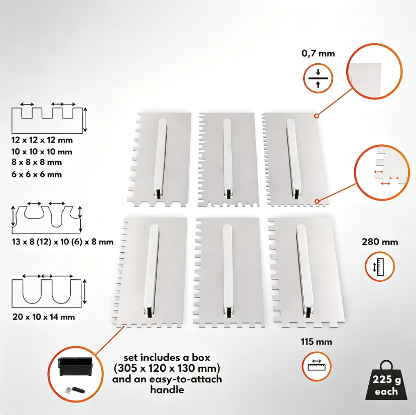 The Ultimate Notched Trowel Set – 6 Interchangeable Blades for Flawless Tile Installation